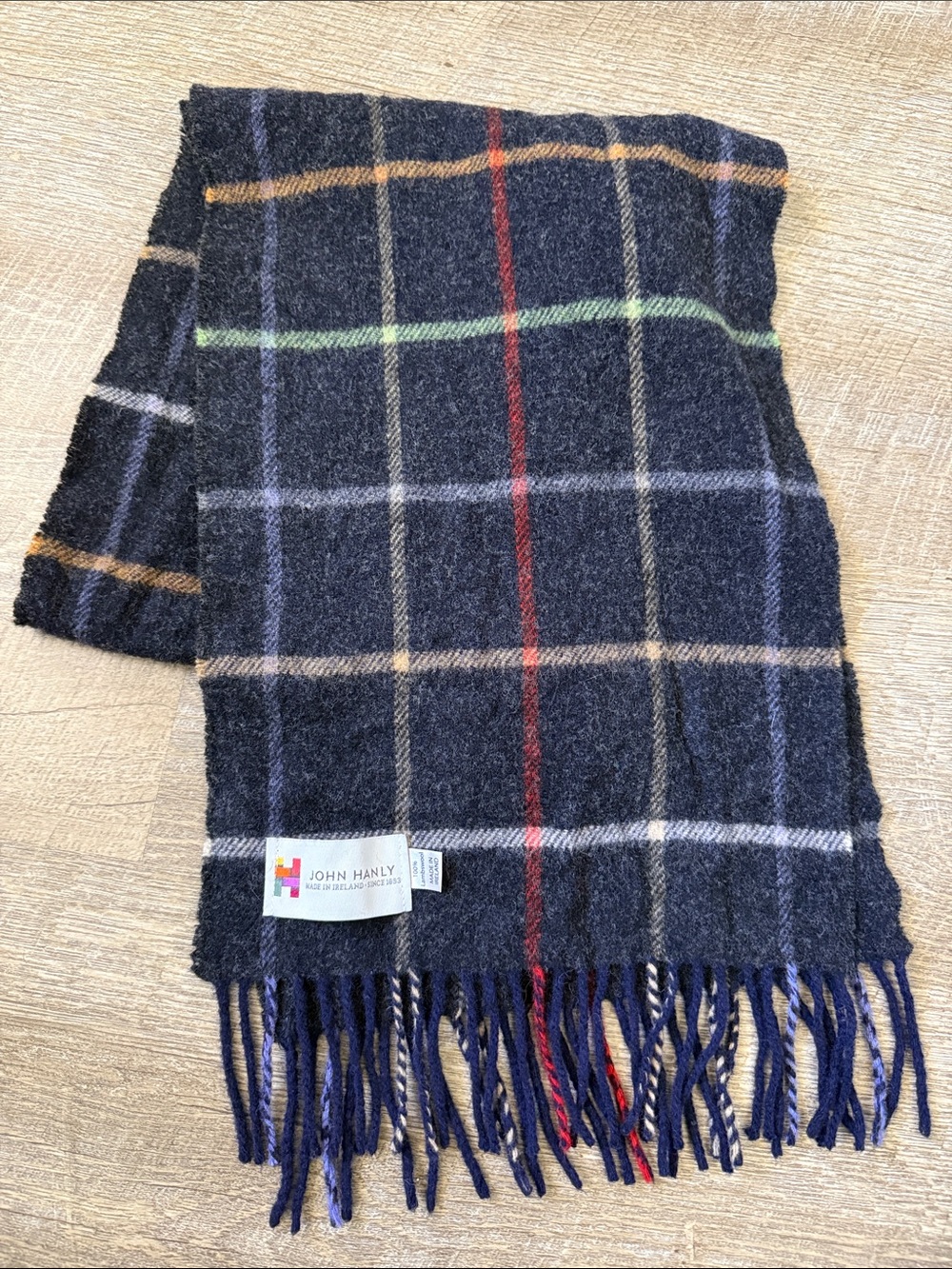 John Hanly Navy Plaid Lambswool Scarf with Multicolor Stripe